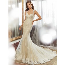 Slim Fitted Mermaid Sweetheart Keyhole Backless Light Gold Satin Lace Beaded Wedding Dress