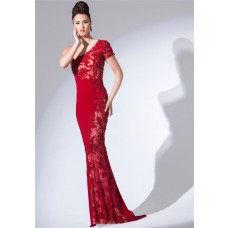 Slim Fitted One Shoulder Sleeve Long Red Jersey Lace Beaded Evening Dress