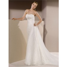 Slim Fitted Strapless Lace Beaded Crystal Wedding Dress With Detachable Tulle Train