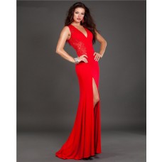 Slim Fitted V Neck High Slit Long Red Jersey Lace Evening Prom Dress