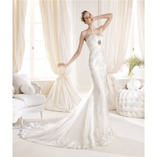 Slim Fitting Mermaid Strapless Feather Neckline Lace Wedding Dress With Crystal