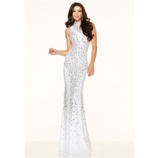 Slim High Neck Side Cut Out Long White Jersey Beaded Prom Dress
