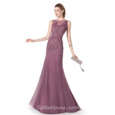 Slim Mermaid Boat Neck Dusty Rose Tulle Lace Evening Dress