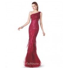 Slim Mermaid One Shoulder Red Tulle Ruffle Sparkly Sequin Special Occasion Evening Dress 