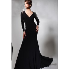 Slim Sheer See Through Back Long Sleeve Black Chiffon Tulle Beaded Evening Prom Dress