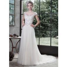 Sparkly A Line Scoop Neckline Cap Sleeve Backless Tulle Crystal Wedding Dress