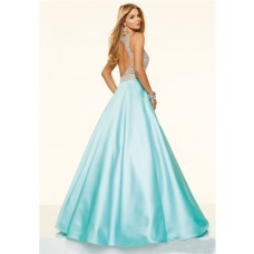 Sparkly Ball Gown Open Back Aqua Satin Beaded Prom Dress