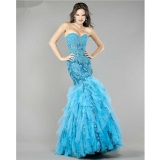 Sparkly Mermaid Sheer Blue Lace Beaded Tulle Ruffle Evening Prom Dress