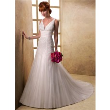 Stunning A Line Deep V Neck Sequined Beaded Tulle Wedding Dress With Train