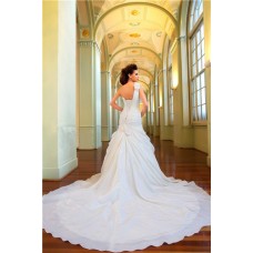 Stunning A Line One Shoulder Taffeta Organza Floral Wedding Dress With Long Train