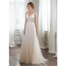 Stunning A Line V Neck Sheer Back Tulle Crystal Beaded Wedding Dress
