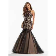 Stunning Mermaid High Neck Black Tulle Embroidery Prom Dress 