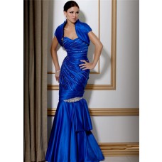 Stunning Mermaid Long Royal Blue Satin Beaded Evening Gown With Bolero Jacket 