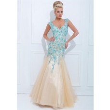 Stunning Mermaid V Neck Open Back Champagne Tulle Turquoise Beaded Long Prom Dress