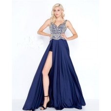 Stunning Sweetheart Open Back High Low Navy Charmeuse Beaded Prom Dress