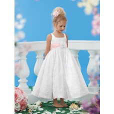 Tea Length White Lace Pink Sash Wedding Little Flower Girl Dress With Straps Flower