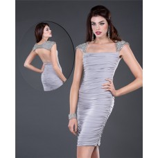 Tight Cap Sleeve Short Grey Ruched Jersey Beaded Evening Cocktail Party Dress 