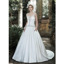 Traditional Ball Gown Scoop Neck Ruched Satin Wedding Dress With Straps