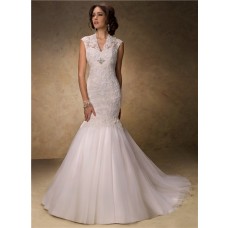 Traditional Mermaid Empire Waist Tulle Lace Modest Wedding Dress With Buttons