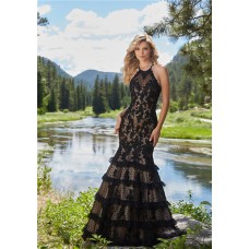 Trumpet Halter Open Back Black Lace Tulle Ruffle Tiered Prom Dress