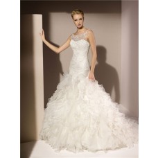 Trumpet Mermaid Illusion Boat Neckline Lace Beaded Organza Ruffle Wedding Dress With Straps