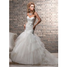 Trumpet/ Mermaid Sweetheart Tiered Tulle Lace Wedding Dress With Flower
