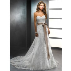 Trumpet/ Mermaid Sweetheart Vintage Lace Wedding Dress With Detachable Train And Sash
