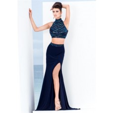 Two Piece High Neck Open Back Navy Blue Chiffon Beaded Evening Prom Dress With Slit