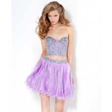 Two Piece Short Lilac Purple Beaded Corset Tulle Bat-mitzvah Cocktail Party Dress