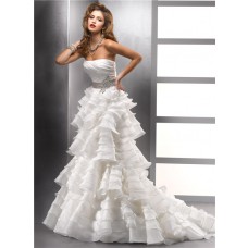 Unique A line Strapless Ivory Tiered Organza Ruffles Wedding Dress With Beading Sash