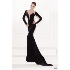 Unique Jewel Neckline Sheer Back Long Sleeve Black Velvet Occasion Evening Dress