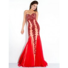 Unique Mermaid Strapless Red Tulle Beaded Evening Prom Dress