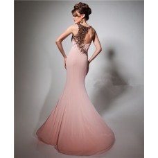 Unique Slim Mermaid Scoop Neck Sheer Back Long Peach Chiffon Beaded Evening Prom Dress