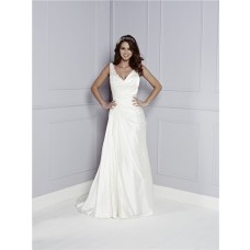 Unusual Asymmetrical Strap V Neck And Back Draped Satin Lace Wedding Dress With Buttons