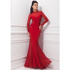 Unusual Mermaid High Neck Red Chiffon Lace Long Sleeve Evening Prom Dress