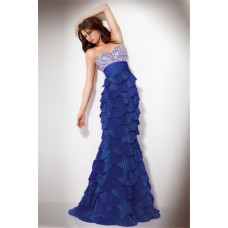 Unusual Mermaid Strapless Long Royal Blue Tiered Evening Dress With Beading