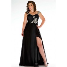 Unusual Straps Long Black Chiffon Beading Plus Size Evening Prom Dress With Slit