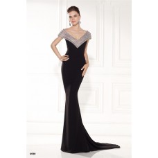 V Neck Cap Sleeve Illusion Back Black Satin Beaded Formal Occasion Evening Dress