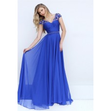 V Neck Cap Sleeve Open Back Long Royal Blue Chiffon Flowing Prom Dress