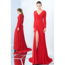 V Neck Full Back High Slit Long Sleeve Red Jersey Prom Dress 