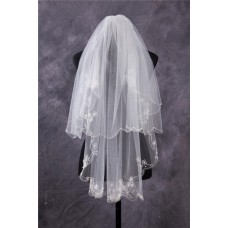 Vintage Two Tiers Tulle Embroidery Ruffled Fingertip Length Wedding Bridal Veil