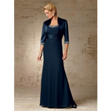 Vintage long navy blue beaded chiffon mother of the bride dress with jacket