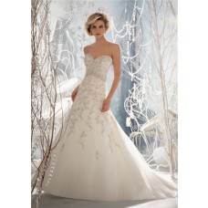 A Line Sweetheart V Back Organza Embroidery Lace Beaded Wedding Dress With Buttons