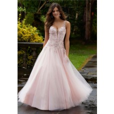 A Line Long Light Pink Tulle Beading Plunging Neckline Prom Dress