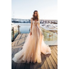 A Line Long Sleeve Wedding Dress See Through Tulle Lace
