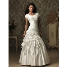 A line square neck court train cap sleeve satin ruched wedding dress