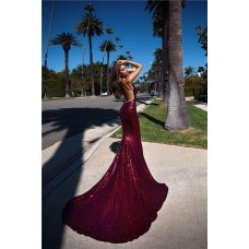 Backless Mermaid Evening Prom Dress Burgundy Sequin With Long Train spaghetti Straps