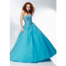 Ball Gown Sweetheart Corset Back Long Blue Tulle Rhinestone Beaded Prom Dress