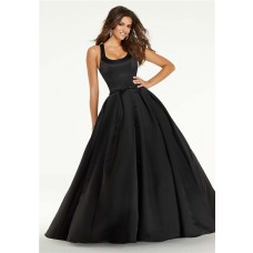 Ball Gown Long Black Satin Square Neck Prom Dress Open Back