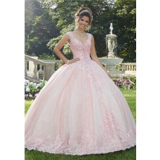 Ball Gown Prom Dress Light Pink Tulle Lace Wedding Dress V Neck